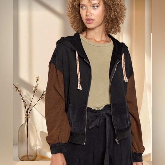 POL Black & Brown Color Block Zip Up Hoodie Jacket | Boho Artistic Drawstrings - Picture 6 of 7